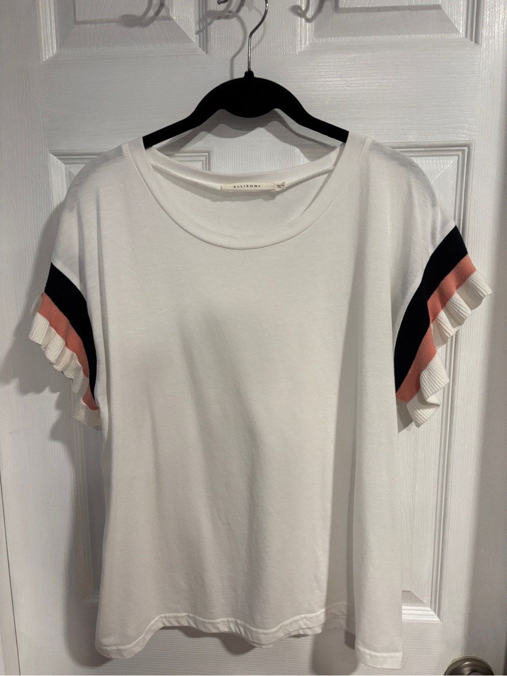 Ellison White Short Sleeve Tee with Pink and Navy Striped Ruffle Sleeve